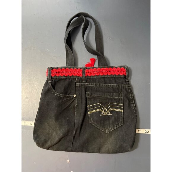Bhoho Handmade Denim Tote Bag  Red Embroidered Flower & Crochet Trim - Picture 6 of 9